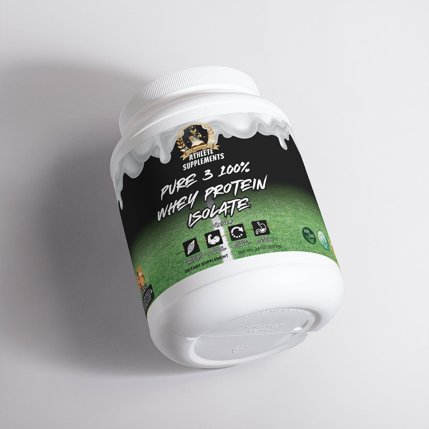 Protein powder container with a label on a white background